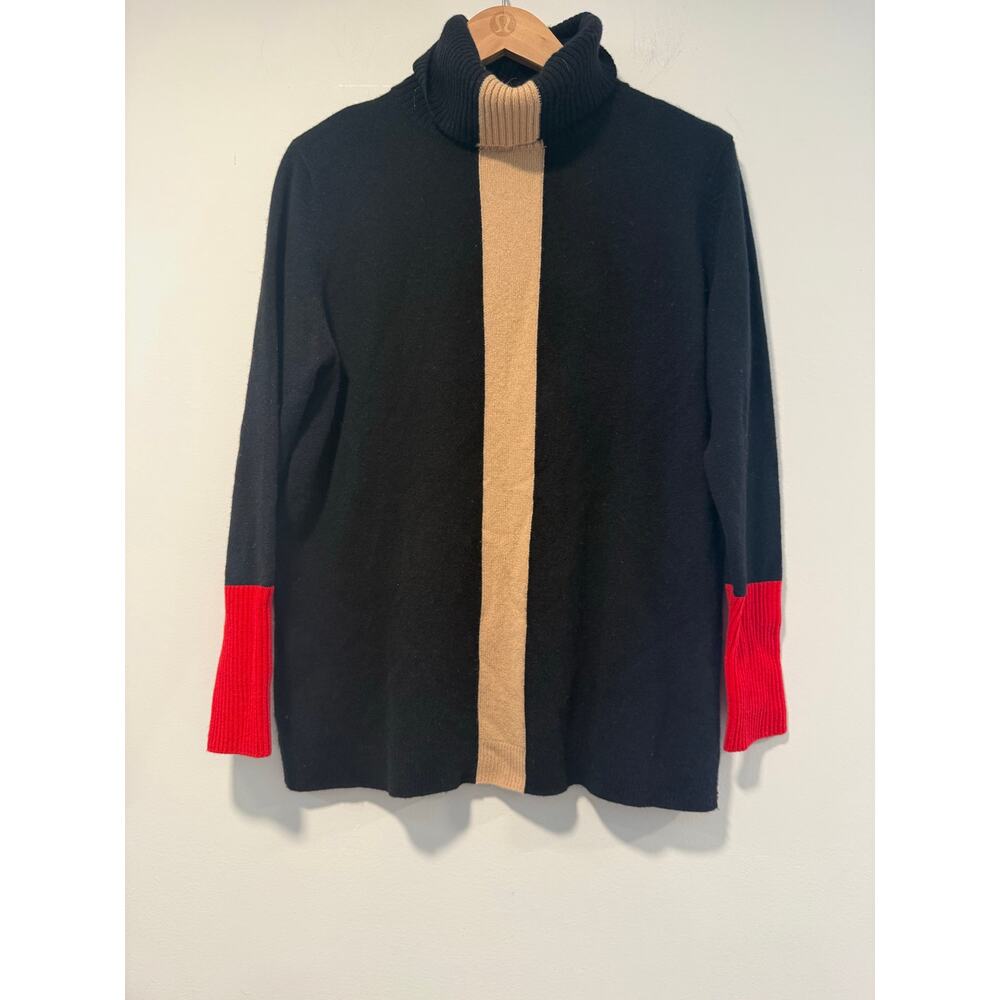 525 America 100% Cashmere Turtleneck Sweater Color Block Black Red Brown XS JL